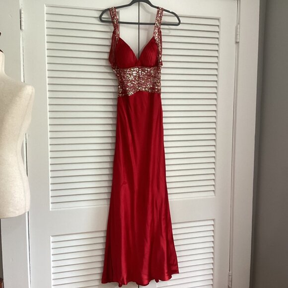 Jovani Red Sequin Embellished Satin 100% Silk Maxi Dress Gown Size 4 - Picture 4 of 16